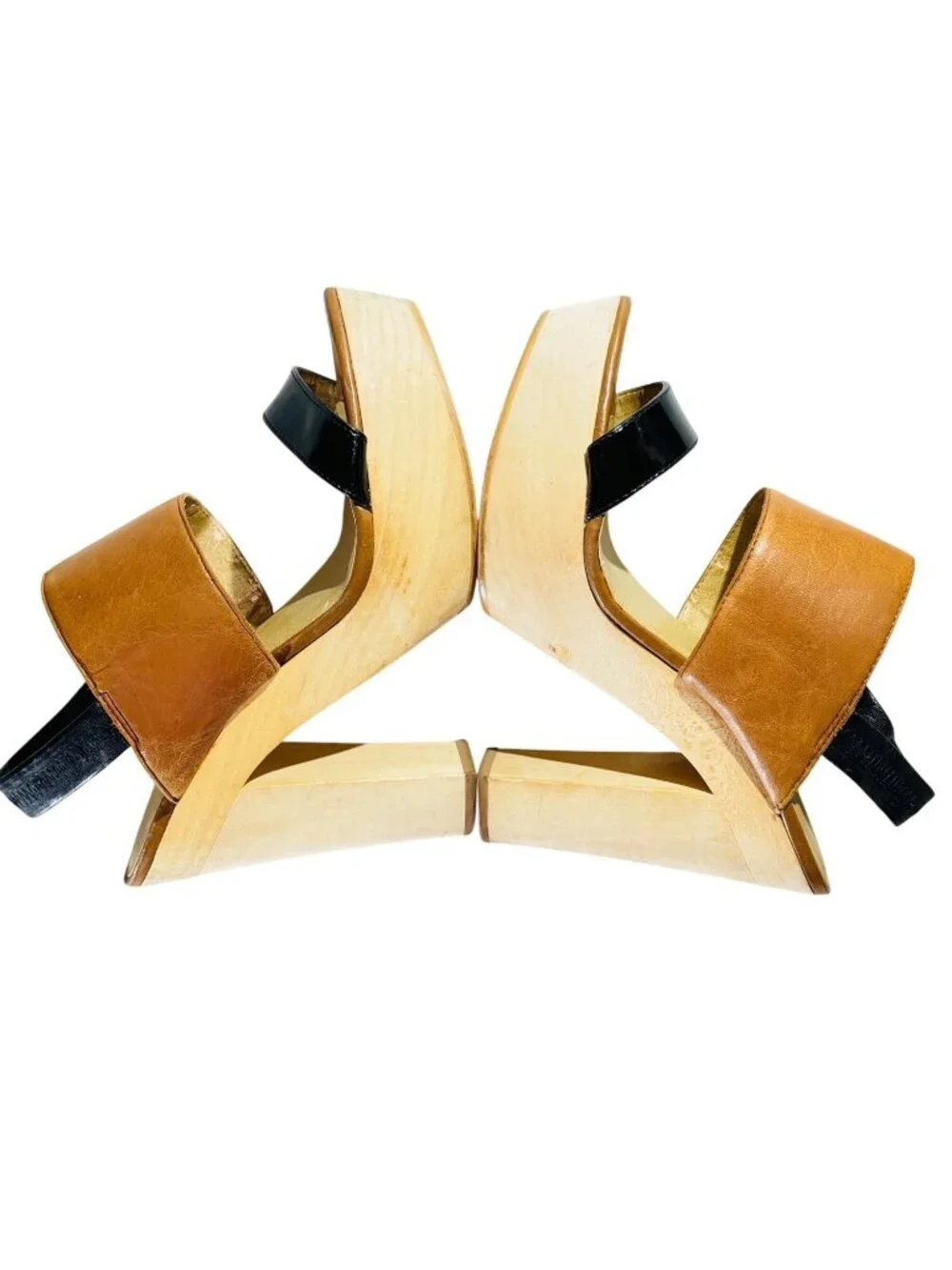 LEVITY Leather & Patent Platform Sandals With Elastic Strap & Wooden Block Heels